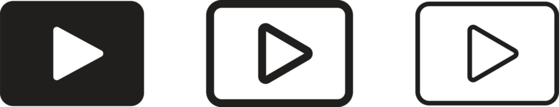 Video play button vector icon set, black and white multimedia player start symbols with line outlines and solid filled rectangles isolated on white background