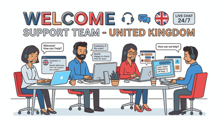 Naklejka premium Illustration of diverse support team in a meeting with laptops and speech bubbles in a UK office setting with a welcoming atmosphere.