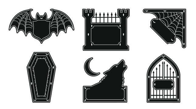 Collection of six black pixelated halloween icons including a bat, castle, coffin, werewolf and gothic gate, isolated on white