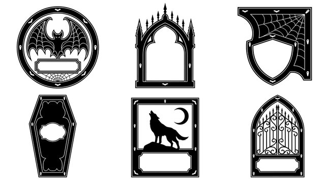 Gothic window frames, circular emblem with moon and bats, shield shape, and howling wolf silhouettes, black on white, gothic design elements