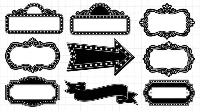 Collection of retro marquee frames, borders, and banner elements with ornate details and light bulb accents for vintage signage and design