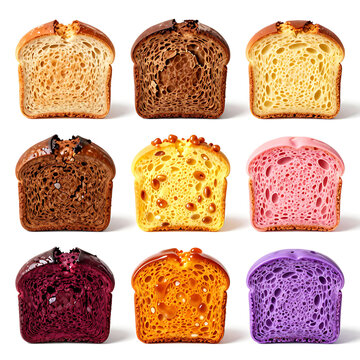 Sliced loaves of assorted homemade bread varieties on white background