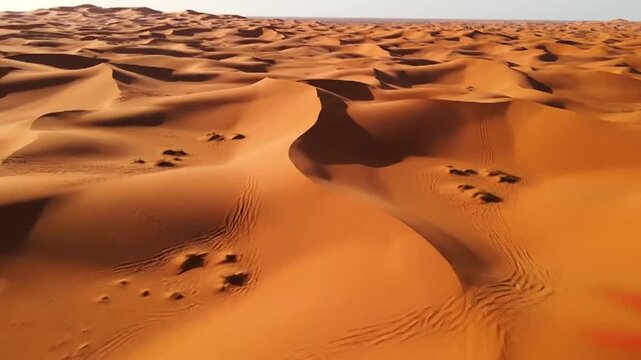 Expansive aerial view of vast golden sand dunes in a desert landscape with undulating curves and shadows creating a sense of depth and isolation