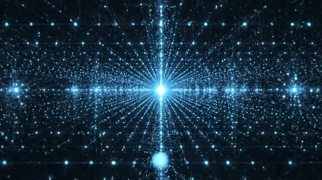 A abstract digital explosion of countless tiny blue particles and bright white light forming intricate patterns and radiating outwards from a central luminous core in a dark cosmic expanse