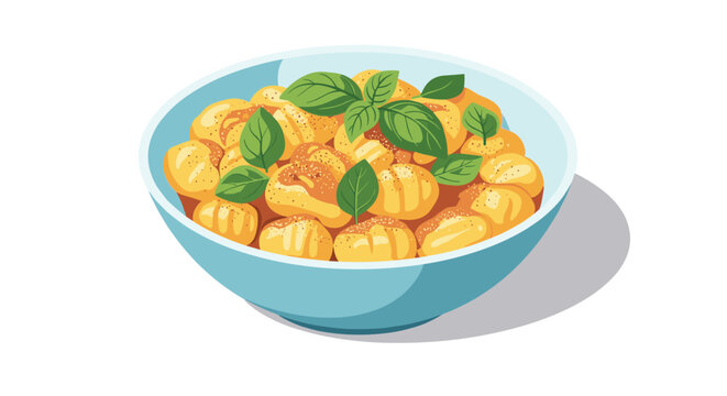 Appetizing bowl of potato gnocchi pasta in tomato sauce topped with fresh green basil leaves on a plain white background.