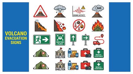 Fototapeta premium Volcano Evacuation Signs and Emergency Preparedness Icons for Safety and Disaster Response