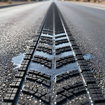 Railroad tracks converging on icy wet asphalt in daylight