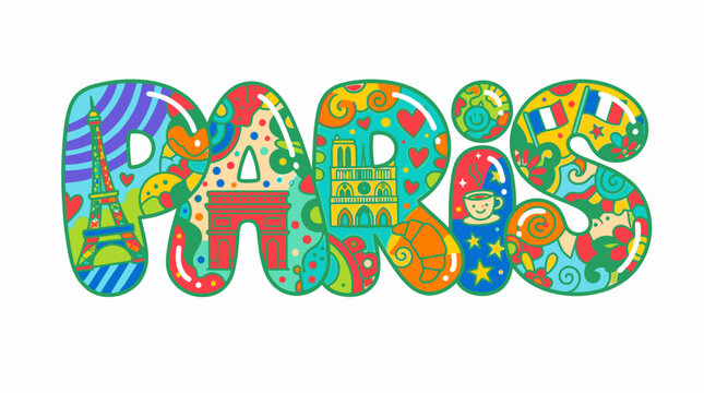 Colorful illustration of 'Paris' in a playful, hand-drawn font with various patterns and designs.