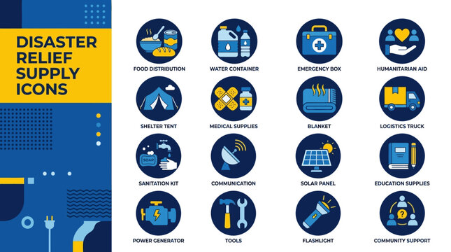 Disaster relief supply icons set for emergency aid and community support services