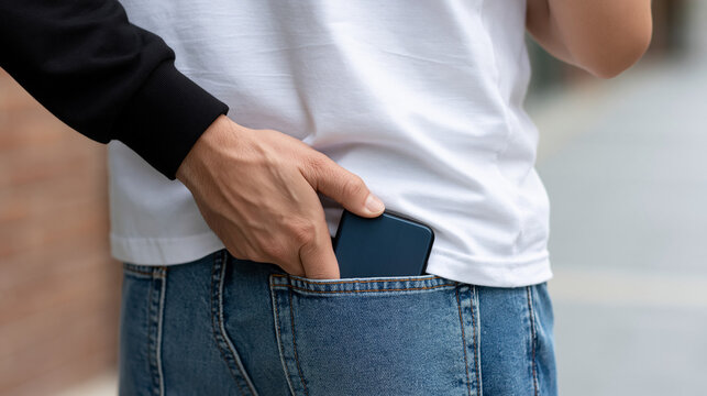 Pickpocket stealthily stealing a mobile phone from an unsuspecting person's back pocket, illustrating urban crime, security risks, and digital device theft issues