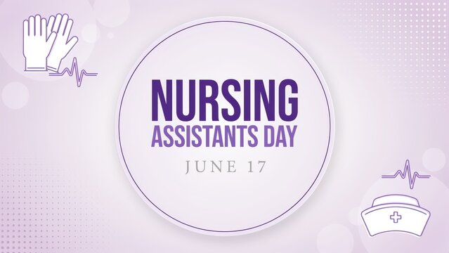 Nursing Assistants Day June 17 illustration with purple background, gloves, and nurse hat