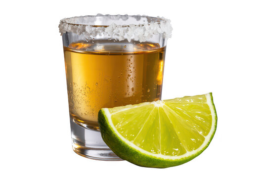A shot glass of golden tequila with a salted rim and a fresh lime wedge isolated on a black background, for bar and, party concepts