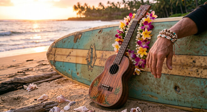 A creative still life: A soprano ukulele with a traditional Hawaiian pineapple pattern leans against a vintage, weathered surfboard on a sandy beach. 