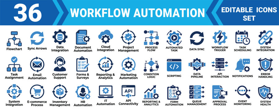 Workflow automation editable vector illustration mega pack 36 solid icons for business processes