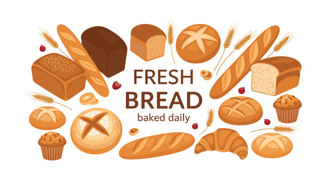Assortment of fresh baked bread varieties with whole loaves baguettes croissants and muffins for bakery advertising banners.