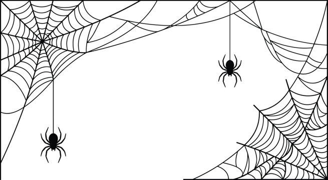 Halloween Spider Web Border with Hanging Spiders Vector Illustration