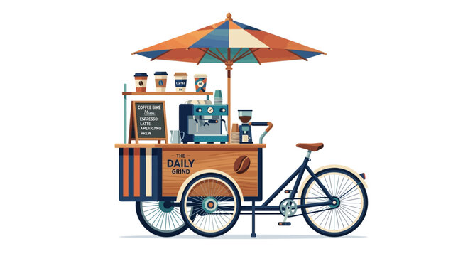 Coffee cart tricycle serving beverages with parasol and espresso maker