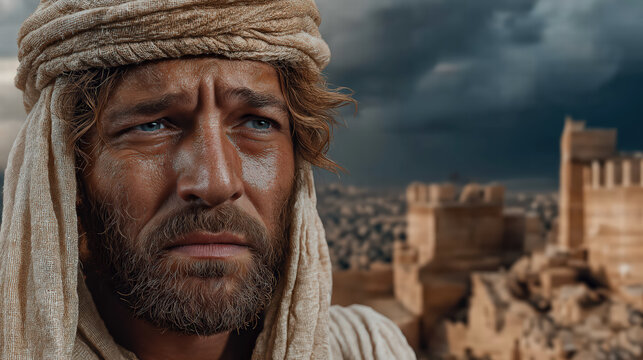Jeremiah weeping over ruins of Jerusalem with broken walls, ash-filled air, and stormy dramatic sky