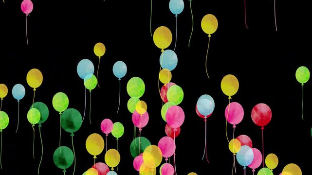 水彩風　いっぱいのカラフルなバルーンが下から上へ[4K-背景透過] Happy Series:Watercolor style A multitude of colorful balloons floating from bottom to top[Transparent Background]4K