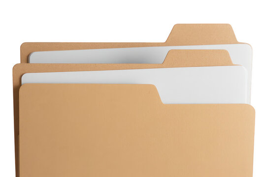 A stack of three manila paper file folders with white paper inserts, isolated on a black background, representing office organization