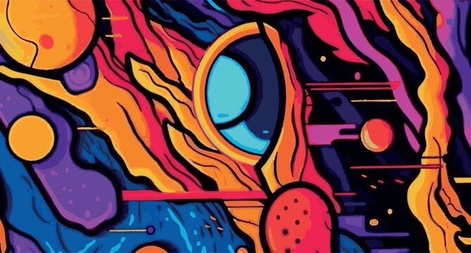Abstract neon space background with planets and eye. Colorful vector illustration with cosmic swirls, meteorites and cyberpunk comic style elements on dark backdrop