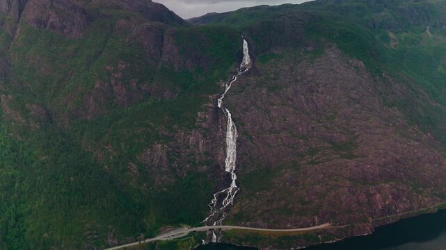 Aerial Drone Footage of Langfossen Waterfall, Norway
