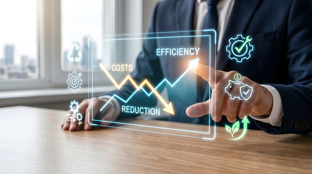 Businessman touching a hologram showing efficiency growth and cost reduction strategy, Corporate financial management concept with graphs displaying lower costs and higher productivity.