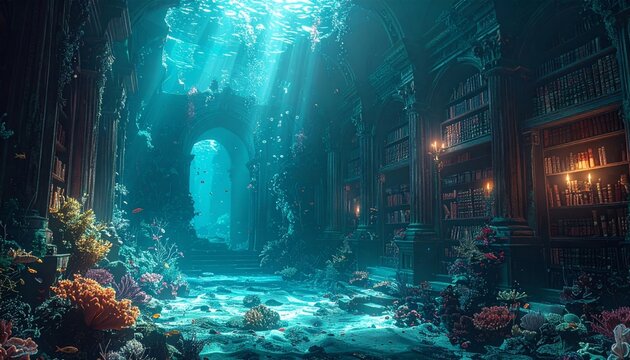 An abstract grunge texture of a deep blue tropical ocean reef with fish and coral glowing under the night city light