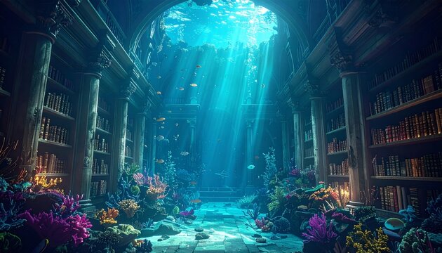 An abstract grunge texture of a deep blue tropical ocean reef with fish and coral glowing under the night city light