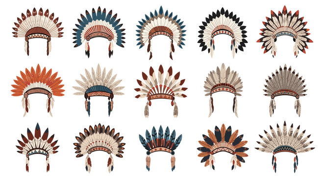 Set of traditional Native American feathered headdresses features various colorful designs used for cultural ceremonies and history lessons.