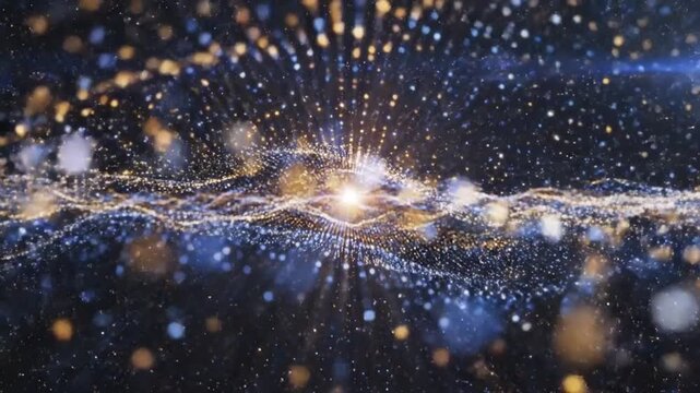 Glowing golden and blue particles form a luminous wave-like structure with a bright central light source against a dark starry background, creating a sense of cosmic energy and ethereal beauty