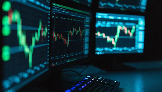 Financial data analysis on multiple computer screens.