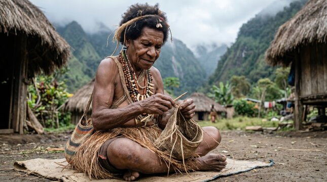 Elderly Papua Highlands Woman Weaving Noken Bag Outside Highland Hut