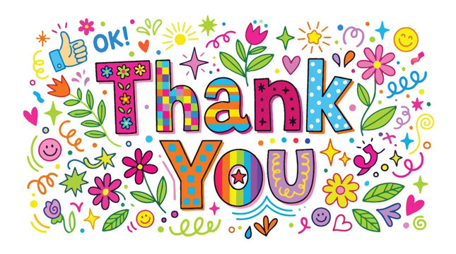 Colorful thank you vector illustration featuring vibrant doodle patterns and cheerful hand drawn decorative graphic elements
