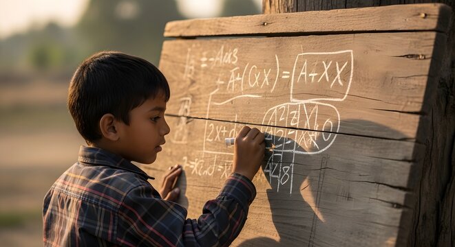 Young boy writing mathematical equations on a rustic blackboard outdoors, representing education and learning.