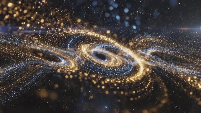 Swirling vortex of shimmering golden and blue particles with a central dark opening, illuminated by bright light sources and surrounded by scattered bokeh, evoking a feeling of cosmic phenomena