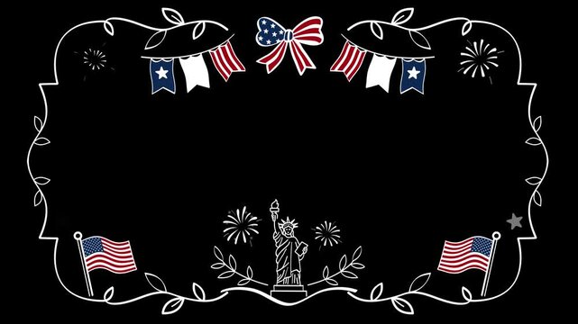 USA ornamental frame animation, ideal for Fourth of July, Independence Day, Memorial Day, Veterans Day, presentations, title screens, holiday promotions, and patriotic video backgrounds.