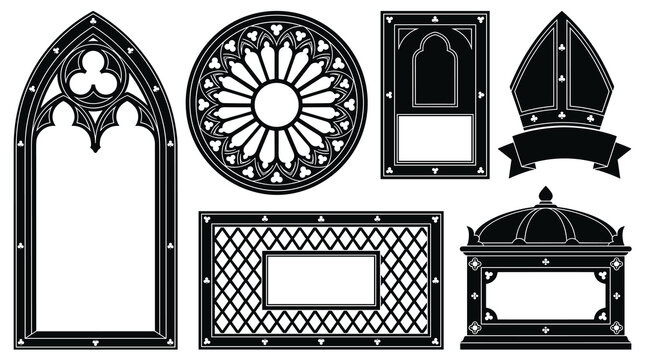 Collection of gothic architectural elements, ornate window frames, decorative borders and crests, black vector silhouettes on white background