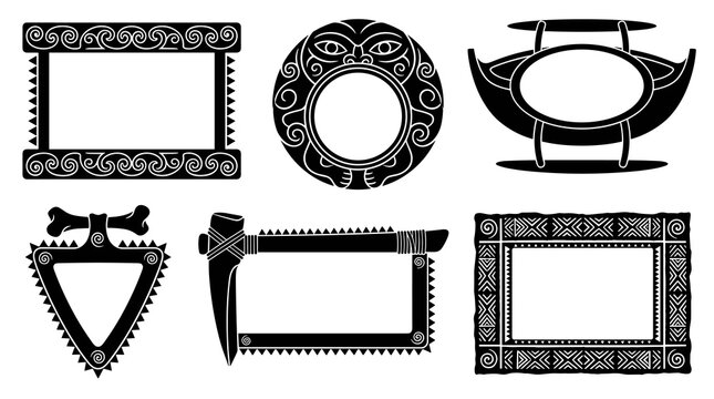 Collection of six decorative ornamental frames and borders in black and white, including circular, rectangular, and triangular shapes, diverse