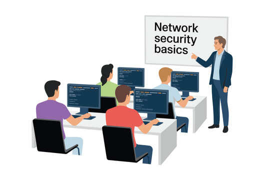 Network Security Basics Training Class with Instructor and Students Illustration