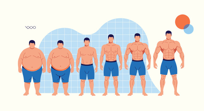 Progression of male body types showing a sequence from obese to extremely muscular to illustrate fitness and weight loss goals.