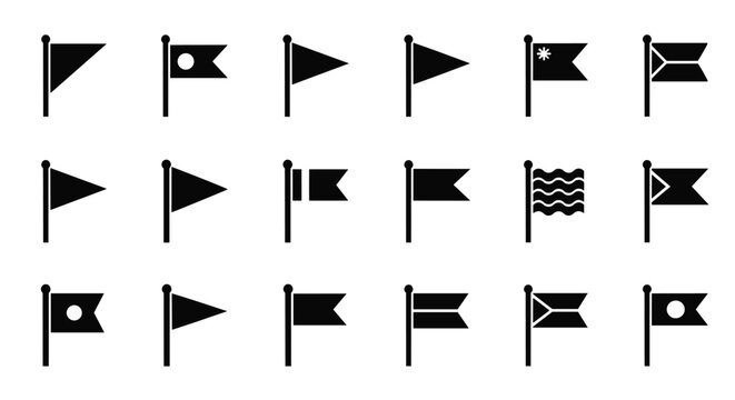 Set of diverse black flag silhouette icons on poles featuring various shapes like pennants, swallowtails, and wavy designs.