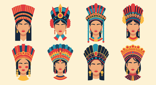 Graphic illustration of eight diverse women wearing elaborate and colorful indigenous traditional headpieces and jewelry.