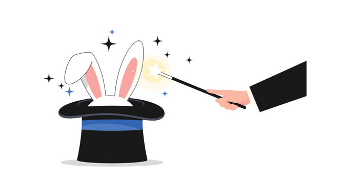 Classic magic trick illustration of a hand holding a wand pulling a white rabbit by its ears out of a black top hat.