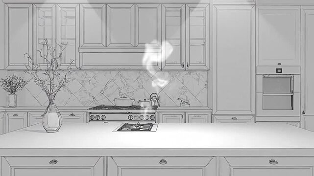 A detailed line drawing of a modern kitchen interior design