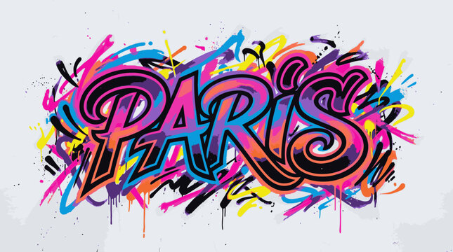 Vibrant graffiti-style text reading 'PARIS' with colorful splashes on a light gray background.