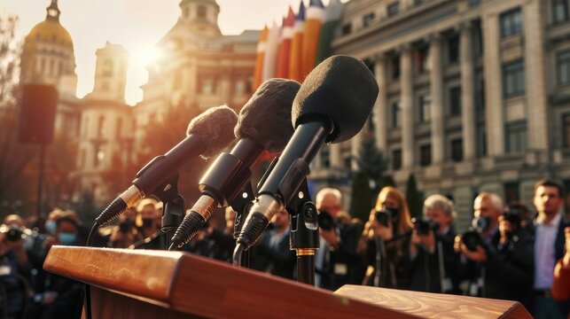 Empty podium with multiple microphones set for an outdoor press conference, government building facade in the background, soft sunlight illuminating the scene