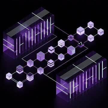 Isometric digital blockchain network nodes connecting between server racks with blockchain isometric technology connection infrastructure computing abstract information database