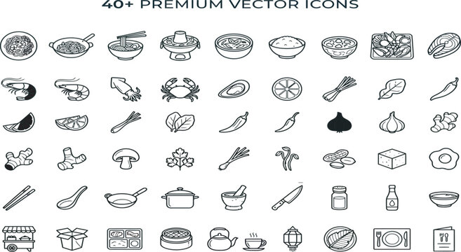 Pad Thai & Tom Yum Soup 40+ Outline Icon Set