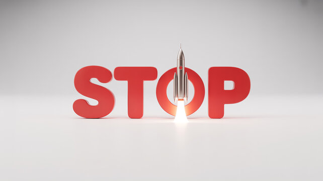 A rocket launching through the center of the word stop, symbolizing the concept of stopping or halting progress or momentum